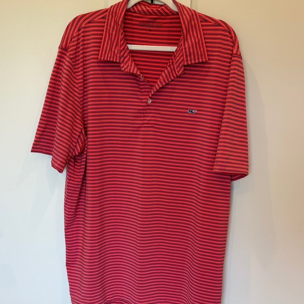 Vineyard Vines Red and Navy Narrow-Stripe Polo